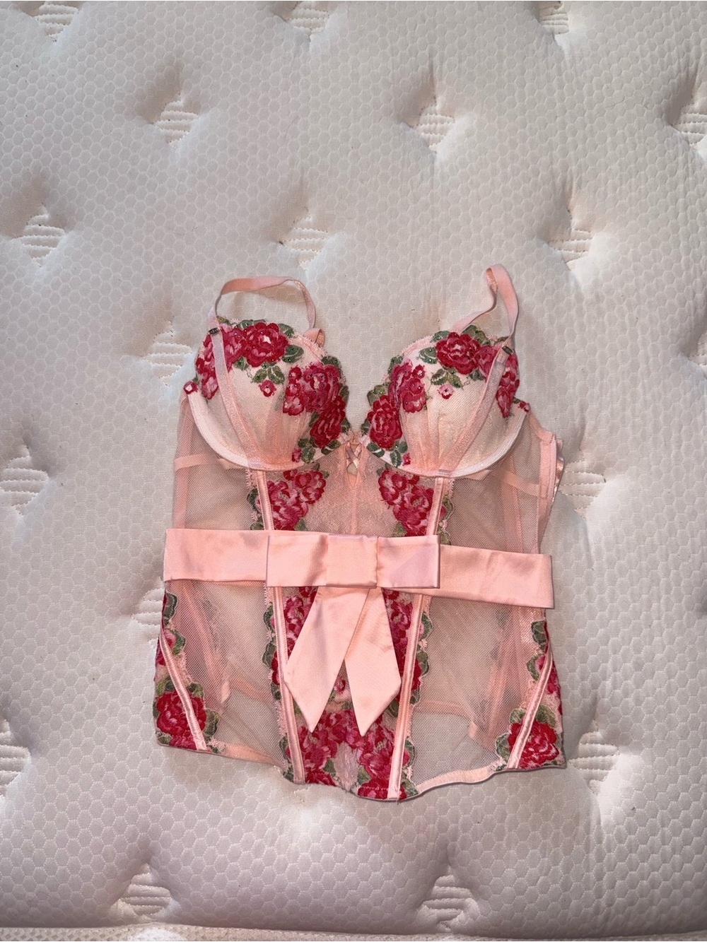 Victoria's Secret Pink and Red Floral Embroidered Bustier with Satin Bow